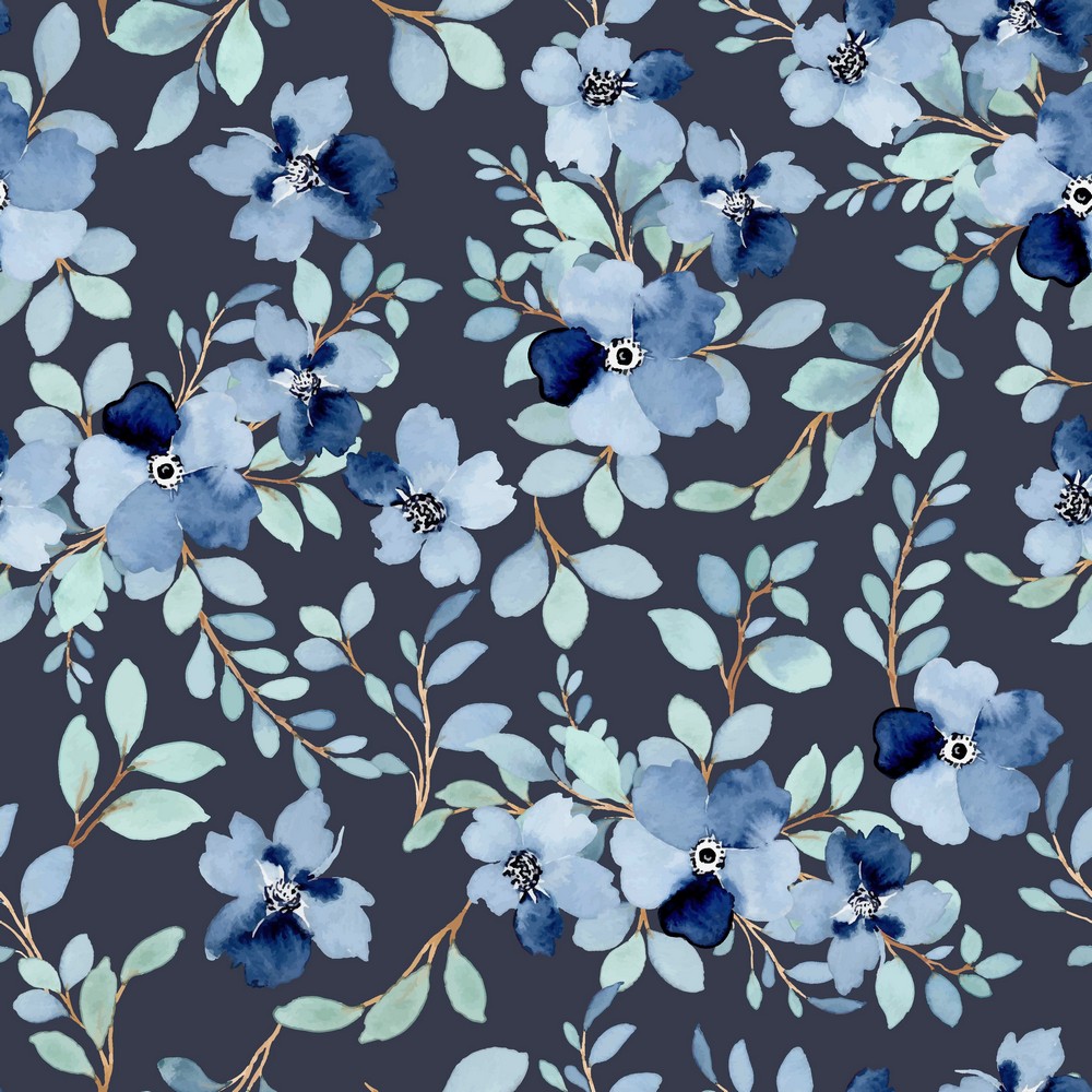 Baumwolle Blaue Blütenzweige auf Dunkelblau Digital