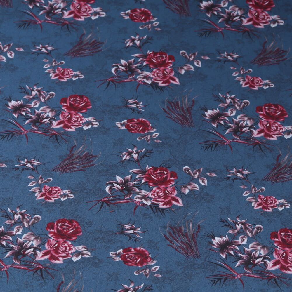 Softshell - Digitaldruck Blumenmix mit Rosen auf Jeansblau