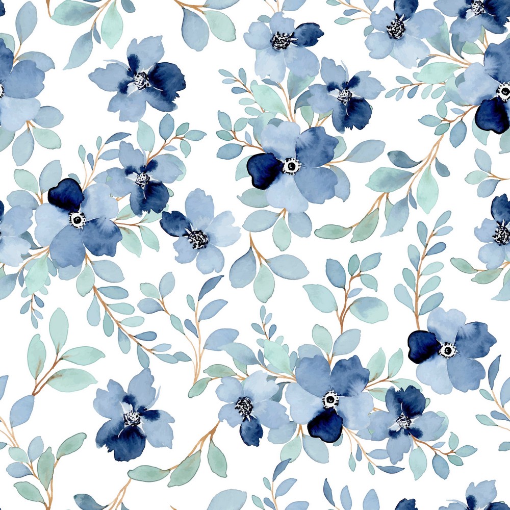 Baumwolle Blaue Blütenzweige auf Weiß Digital 
