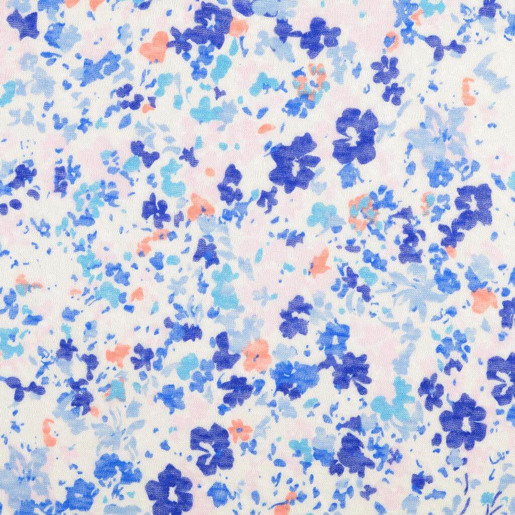Strickstoff Blumen Blau auf Weiß XL Breit