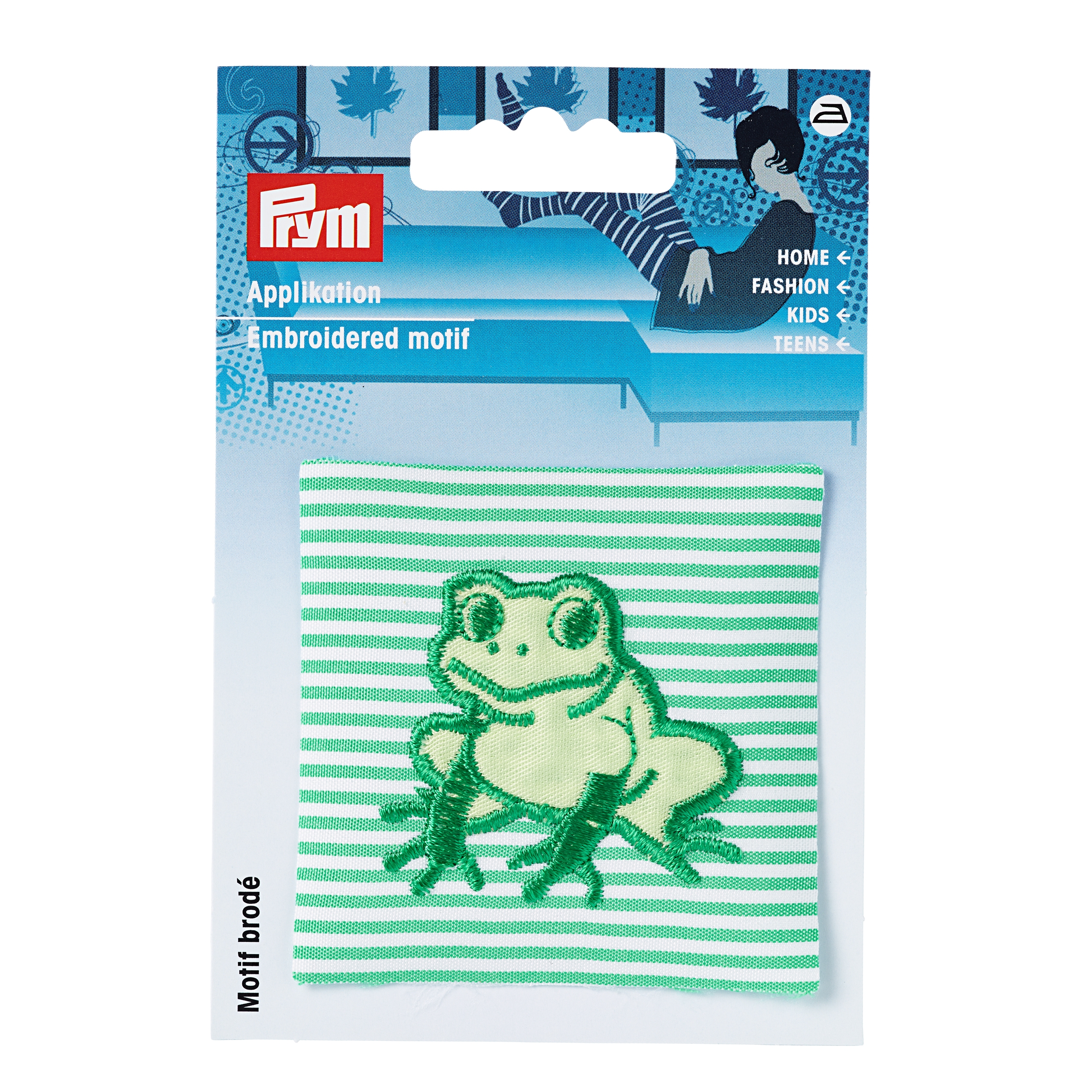 Prym Applikation "Frosch" auf Grün/Weißem Stoff