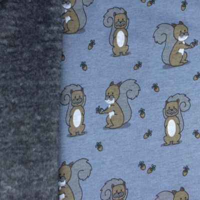 Alpenfleece Eichhörnchen und Eicheln auf Jeansblau Meliert